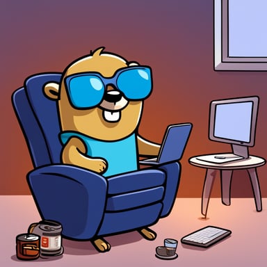 Go Blue Gopher is lounging in a recliner, happily watching TV. Nearby, a robot types away on a MacBook Pro. Sipping Cola from a built-in cup holder, Go Blue Gopher's expressive eyes shine in a simple, cartoon style.