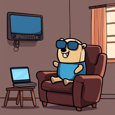 Go Blue Gopher is lounging in a recliner, happily watching TV. Nearby, a robot types away on a MacBook Pro. Sipping Cola from a built-in cup holder, Go Blue Gopher's expressive eyes shine in a simple, cartoon style.