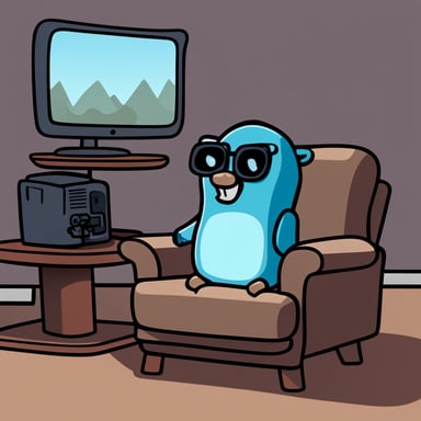 Go Blue Gopher is lounging in a recliner, happily watching TV. Nearby, a robot types away on a MacBook Pro. Sipping Cola from a built-in cup holder, Go Blue Gopher's expressive eyes shine in a simple, cartoon style.