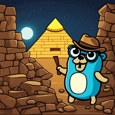 In Egypt during the night, the Go Blue Gopher explores ancient pyramids.