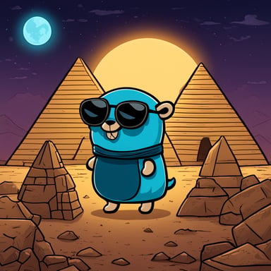 In Egypt during the night, the Go Blue Gopher explores ancient pyramids.
