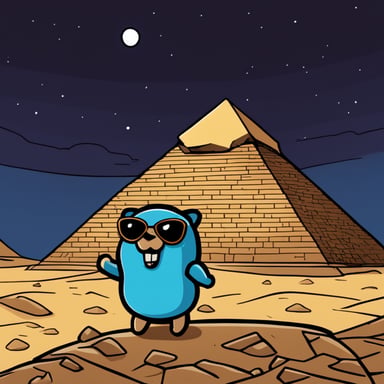 In Egypt during the night, the Go Blue Gopher explores ancient pyramids.