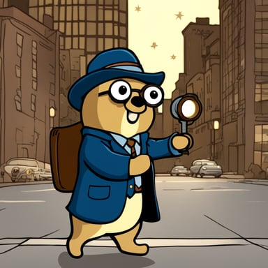 Go Blue Gopher, as a detective using magnifying glasses, looked for clues in the city at night under a starry sky.