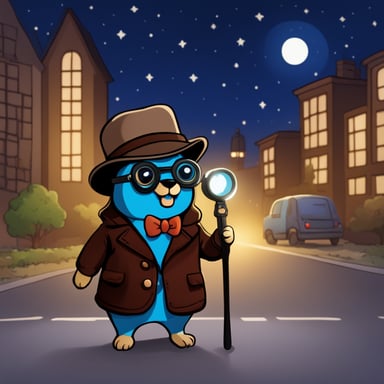 Go Blue Gopher, as a detective using magnifying glasses, looked for clues in the city at night under a starry sky.