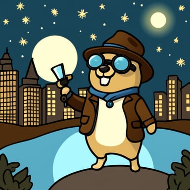 Go Blue Gopher, as a detective using magnifying glasses, looked for clues in the city at night under a starry sky.