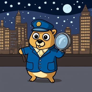 Go Blue Gopher, as a detective using magnifying glasses, looked for clues in the city at night under a starry sky.