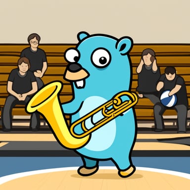 Go Blue Gopher playing tuba during a volleyball match.