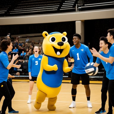 Go Blue Gopher playing tuba during a volleyball match.