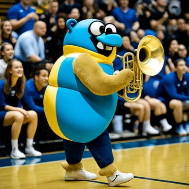 Go Blue Gopher playing tuba during a volleyball match.