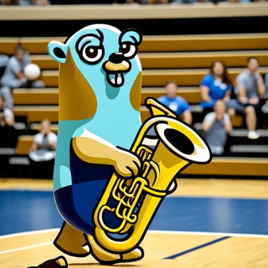 Go Blue Gopher playing tuba during a volleyball match.