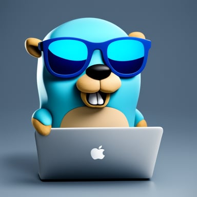 Go blue gopher with sunglasses programming on a MacBook.