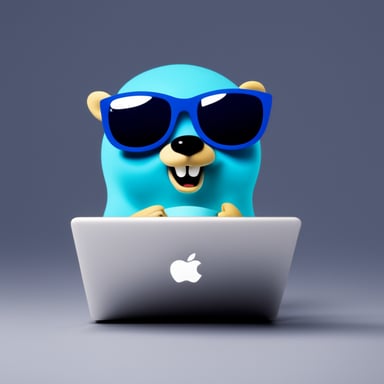 Go blue gopher with sunglasses programming on a MacBook.