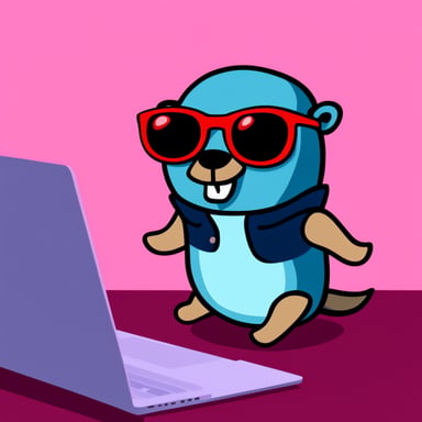 Go blue gopher with sunglasses programming on a MacBook.