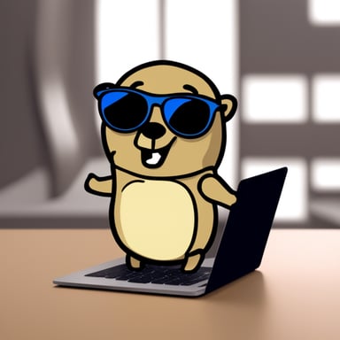Go blue gopher with sunglasses programming on a MacBook.