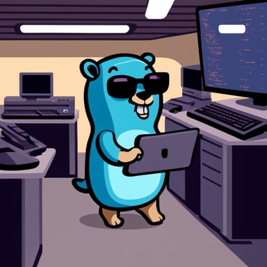Go Blue Gopher hacking at a retro terminal in a room with a mainframe.