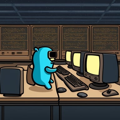 Go Blue Gopher hacking at a retro terminal in a room with a mainframe.