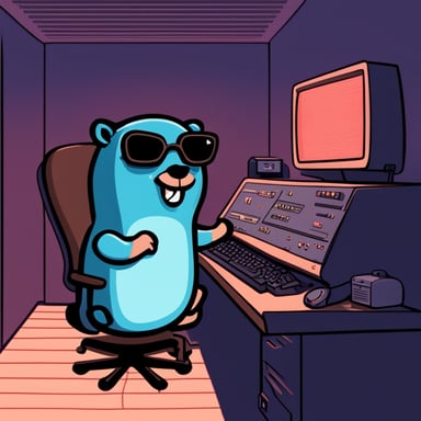 Go Blue Gopher hacking at a retro terminal in a room with a mainframe.