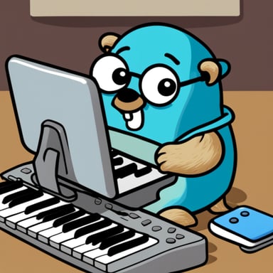 Go Blue Gopher trying to gently tap a computer keyboard as if playing a piano.