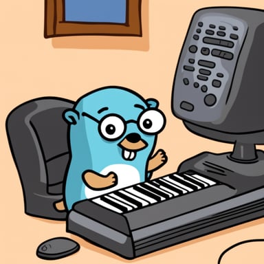 Go Blue Gopher trying to gently tap a computer keyboard as if playing a piano.