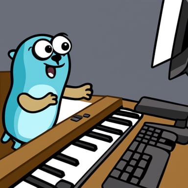Go Blue Gopher trying to gently tap a computer keyboard as if playing a piano.