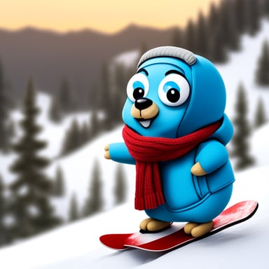 Go Blue Gopher loves snowboarding on the snowy slopes, feeling the rush of cold air as it zips down the mountain.