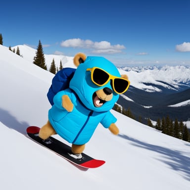 Go Blue Gopher loves snowboarding on the snowy slopes, feeling the rush of cold air as it zips down the mountain.