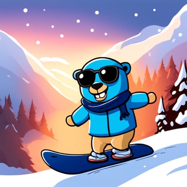 Go Blue Gopher loves snowboarding on the snowy slopes, feeling the rush of cold air as it zips down the mountain.