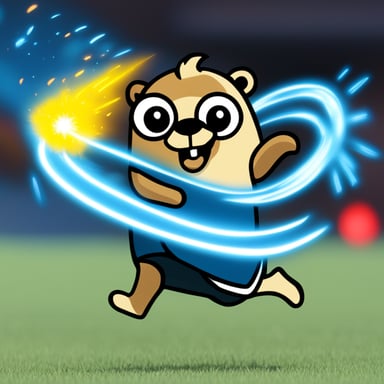 Running with sparks around, Go Blue Gopher dashes swiftly.