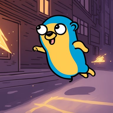 Running with sparks around, Go Blue Gopher dashes swiftly.