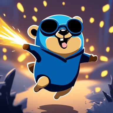 Running with sparks around, Go Blue Gopher dashes swiftly.
