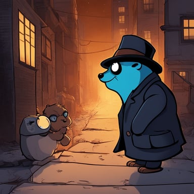 As a detective in a dark alley in the city during the night, Go Blue Gopher investigates mysterious cases with keen insight and unwavering determination.