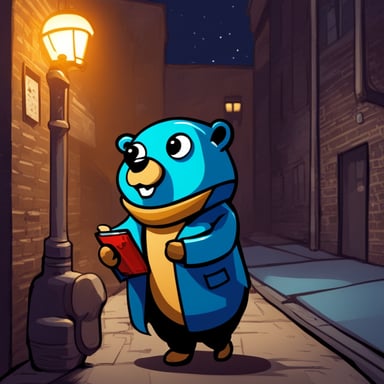 As a detective in a dark alley in the city during the night, Go Blue Gopher investigates mysterious cases with keen insight and unwavering determination.