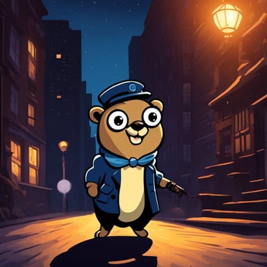 As a detective in a dark alley in the city during the night, Go Blue Gopher investigates mysterious cases with keen insight and unwavering determination.