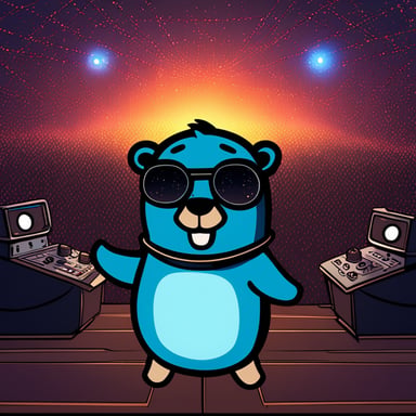 As a DJ, Go Blue Gopher is playing in front of an audience of 10,000 party-goers. Lasers, lights, vivid, night.