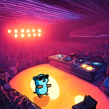 Go Blue Gopher, the DJ, is playing for an audience of 10 smaller gophers. The scene is vivid with lasers and lights.