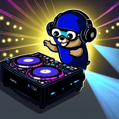 Go Blue Gopher, the DJ, is playing for an audience of 10 smaller gophers. The scene is vivid with lasers and lights.