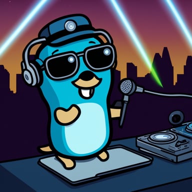 Go Blue Gopher, the DJ, is playing for an audience of 10 smaller gophers. The scene is vivid with lasers and lights.