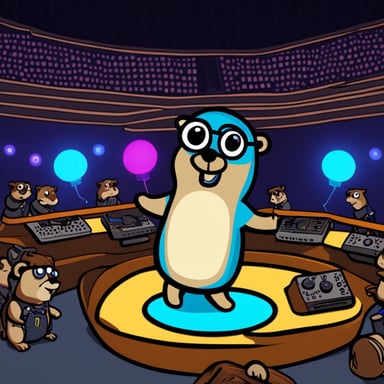 Go Blue Gopher, the DJ, is playing for an audience of 10 smaller gophers. The scene is vivid with lasers and lights.