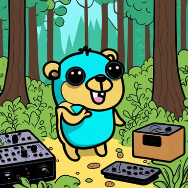Happy Go Blue Gopher eating Portobello and shiitake while DJing in the forest. Colorful.