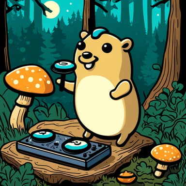 Happy Go Blue Gopher eating Portobello and shiitake while DJing in the forest. Colorful.