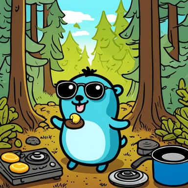 Happy Go Blue Gopher eating Portobello and shiitake while DJing in the forest. Colorful.