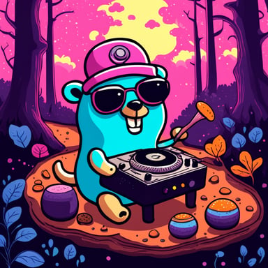 Happy Go Blue Gopher eating Portobello and shiitake while DJing in the forest. Colorful.