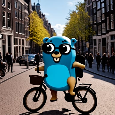 Go Blue Gopher taking a bike tour in Amsterdam.