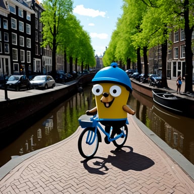 Go Blue Gopher taking a bike tour in Amsterdam.