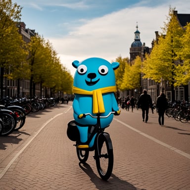 Go Blue Gopher taking a bike tour in Amsterdam.