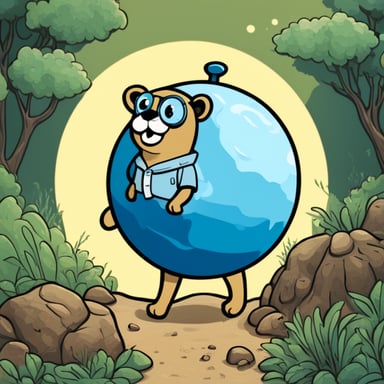 Go Blue Gopher walking towards the edge of a beautiful, round globe, exploring new territories.