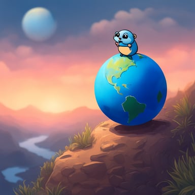 Go Blue Gopher walking towards the edge of a beautiful, round globe, exploring new territories.