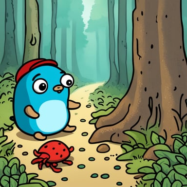 Go Blue Gopher looking at tiny red rusty crab in a Portobello and Shimeji forest.