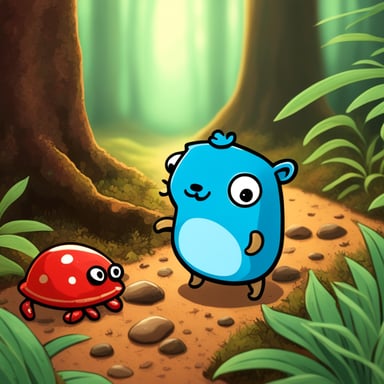 Go Blue Gopher looking at tiny red rusty crab in a Portobello and Shimeji forest.
