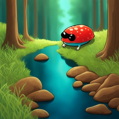 Go Blue Gopher looking at tiny red rusty crab in a Portobello and Shimeji forest.